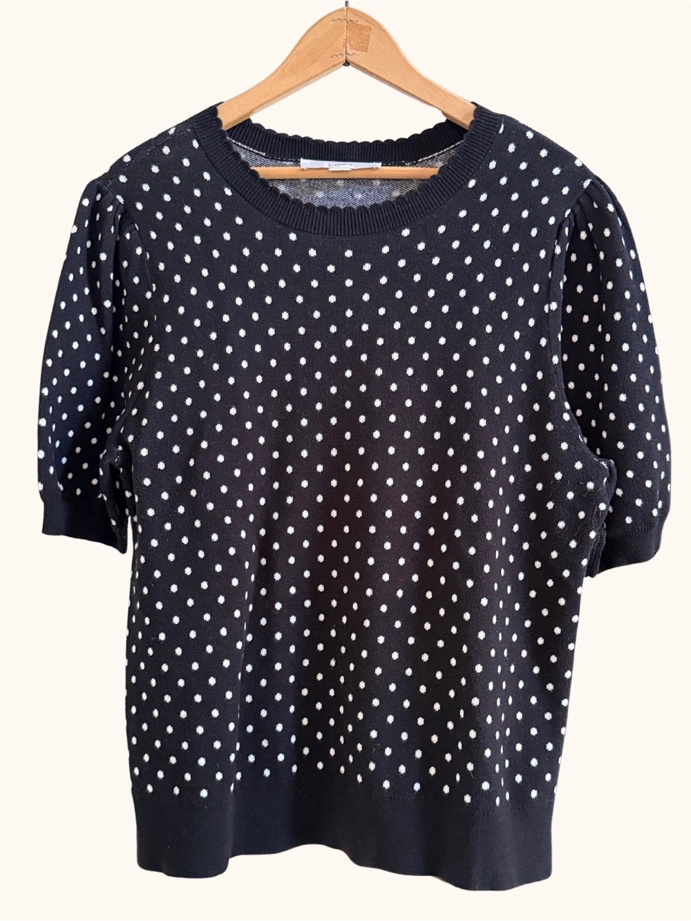LOFT Polka Dot Short Sleeve Scalloped Neck Sweater Top - Black and White